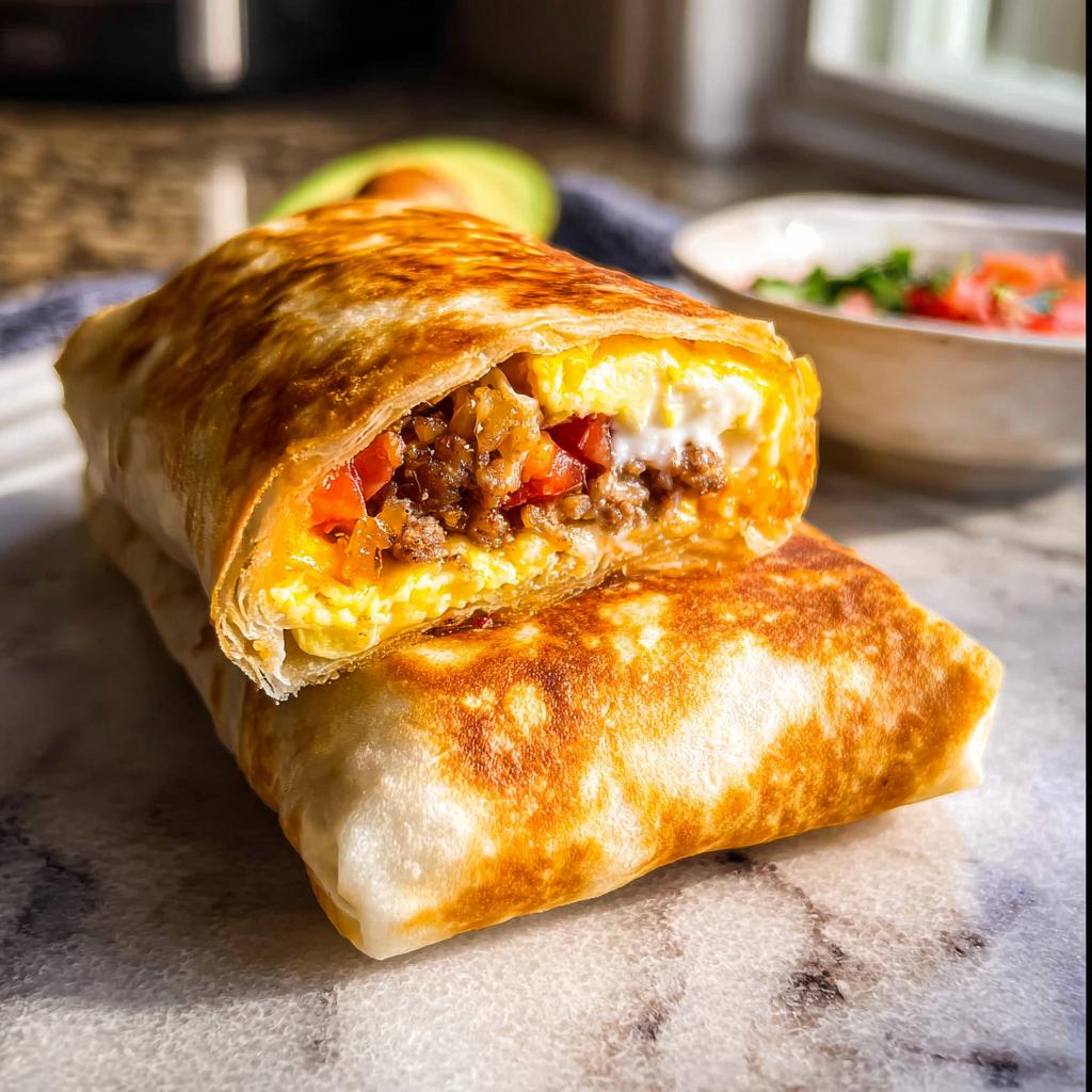 A close-up of two Effortless & Tasty Freezer Breakfast Burritos, one cut in half to reveal scrambled eggs, sausage, and diced tomatoes.