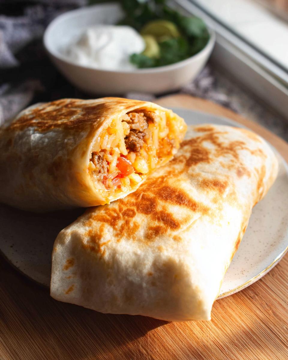 A close-up of a halved, golden-brown freezer breakfast burrito filled with seasoned ground beef, rice, and diced tomatoes.