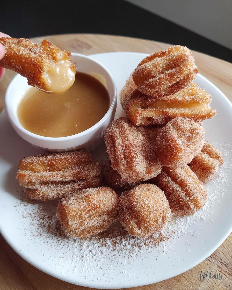 A hand dips a fluffy air fryer churro bite into a bowl of caramel sauce, with a pile of churro bites on a plate.