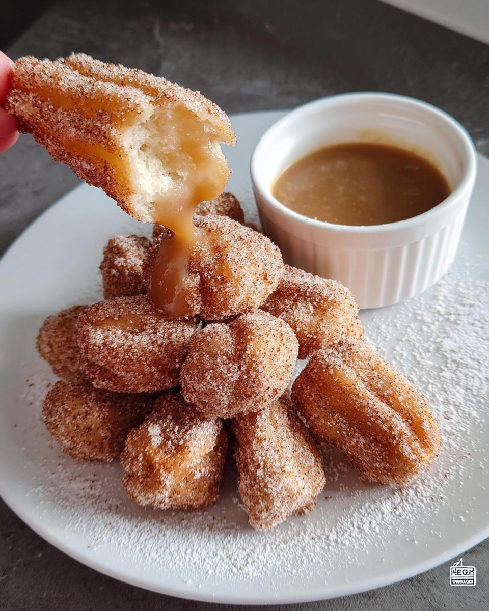 A hand holding a fluffy air fryer churro bite, with caramel sauce dripping, next to a pile of churro bites and a small bowl of caramel dip.
