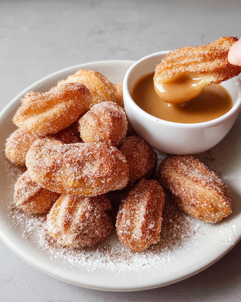 A plate full of fluffy air fryer churro bites, coated in cinnamon sugar, with one bite being dipped into a caramel sauce.
