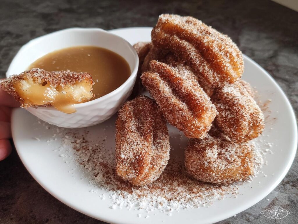 A hand dips a fluffy air fryer churro bite into a bowl of caramel sauce, with more churro bites on a plate.