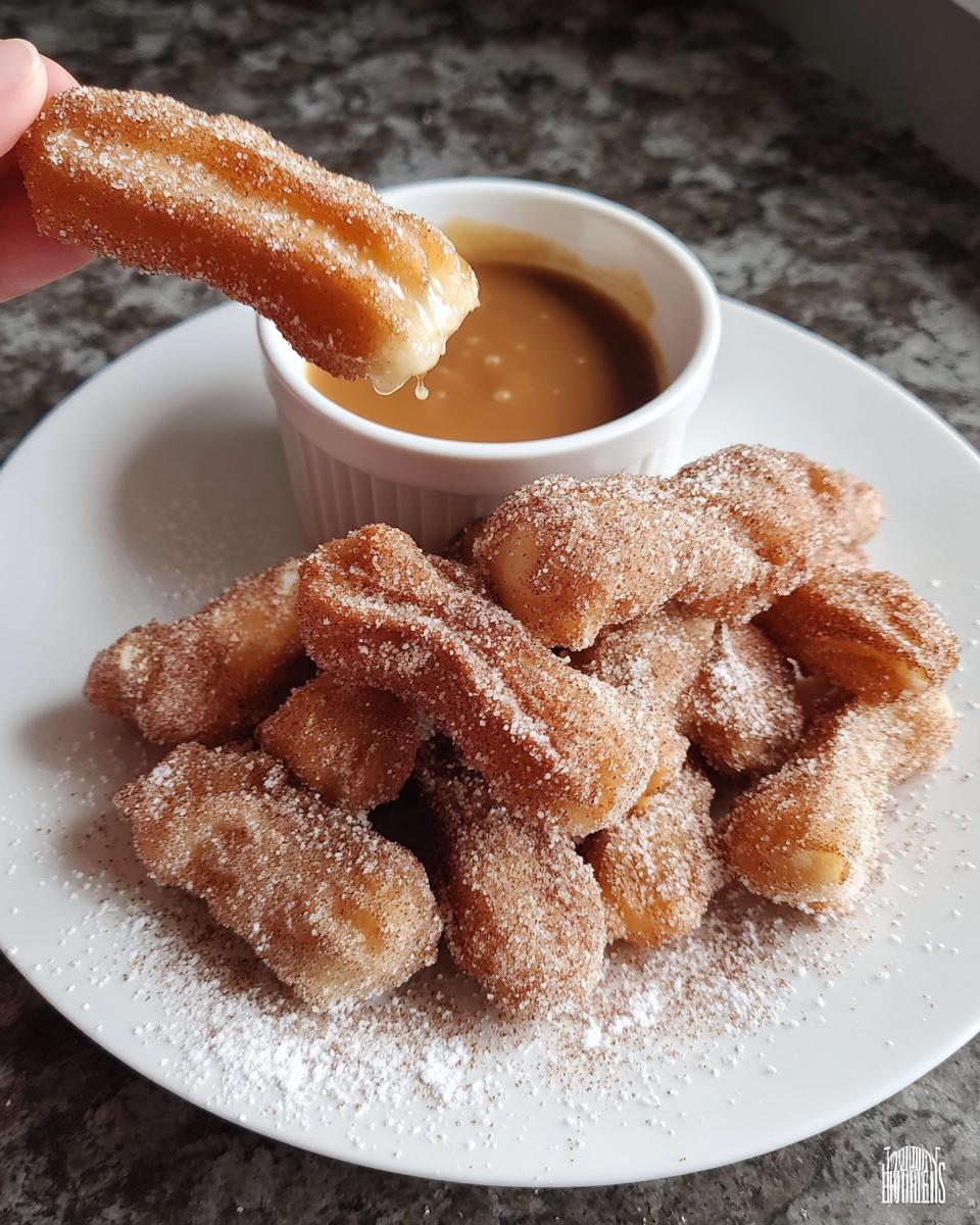 A hand dips a fluffy air fryer churro bite into a caramel dipping sauce.