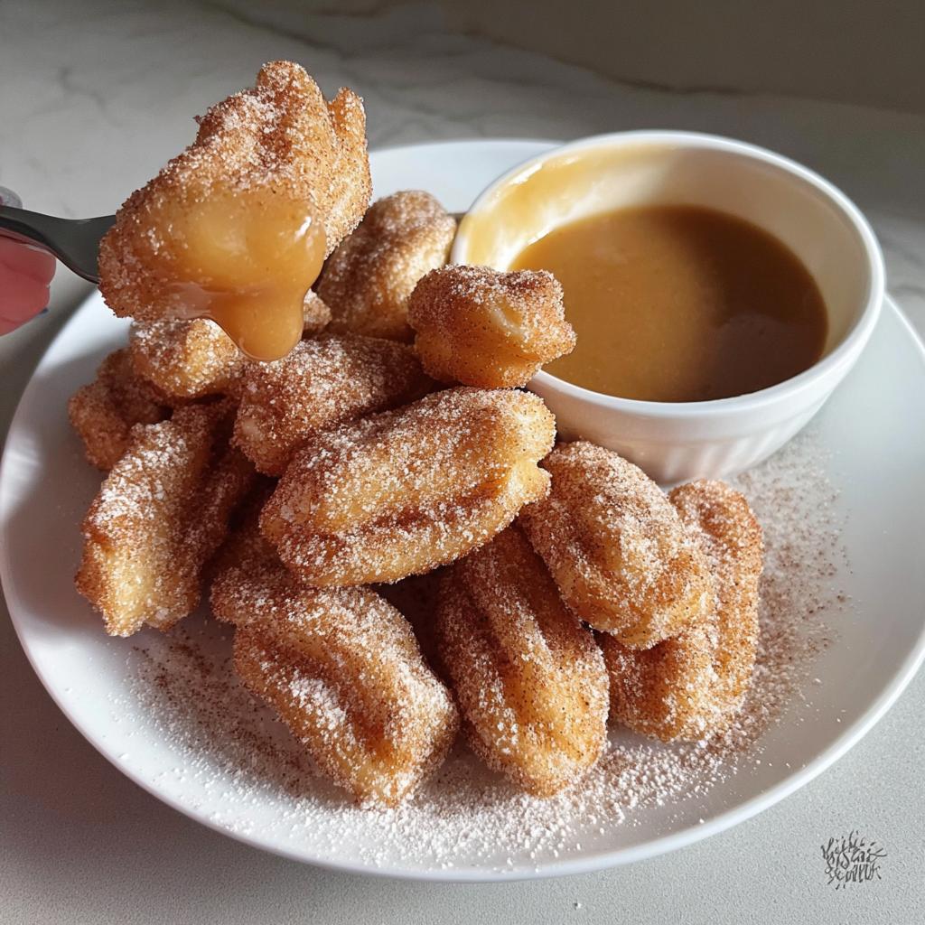 A fork dipping a fluffy air fryer churro bite into a caramel sauce, surrounded by more churro bites.