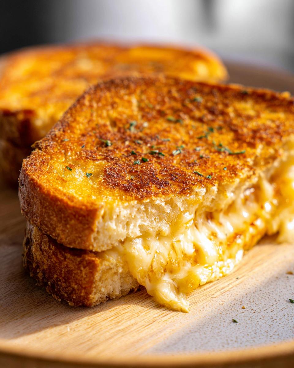 Close-up of a gooey Garlic Bread Grilled Cheese sandwich, with melted cheese oozing out.
