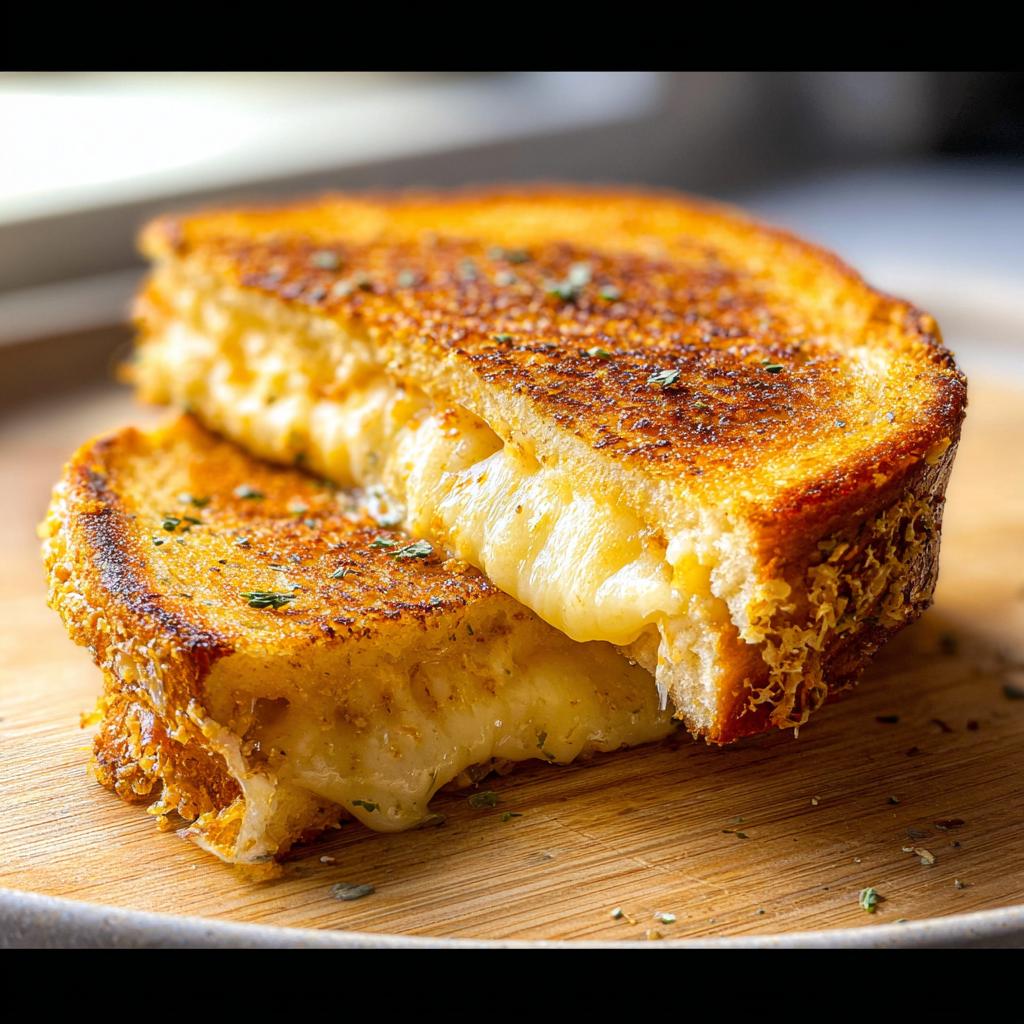 A close-up of a perfectly grilled Garlic Bread Grilled Cheese sandwich, with gooey melted cheese oozing out.