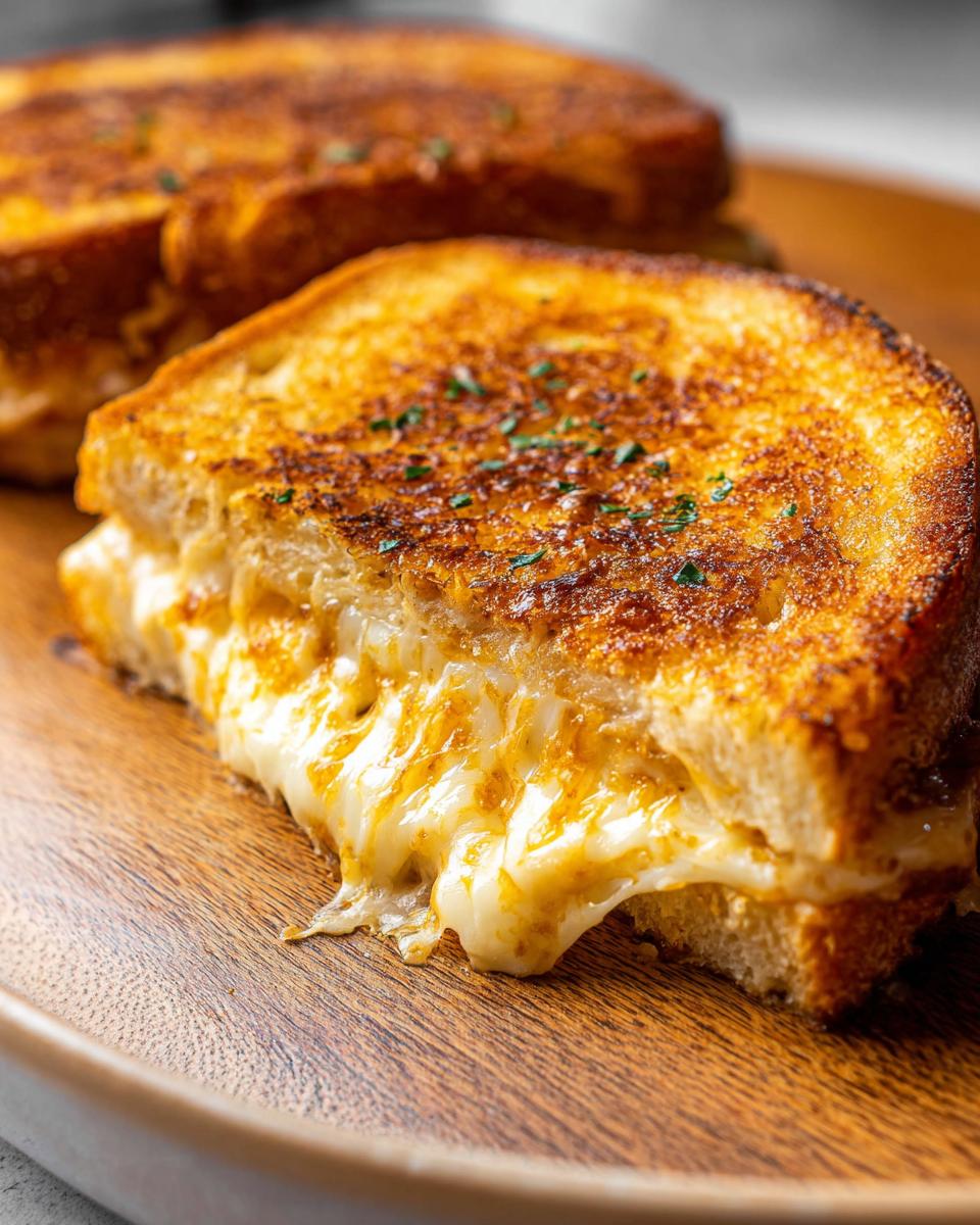 Close-up of a perfectly toasted Garlic Bread Grilled Cheese sandwich with gooey melted cheese oozing out.