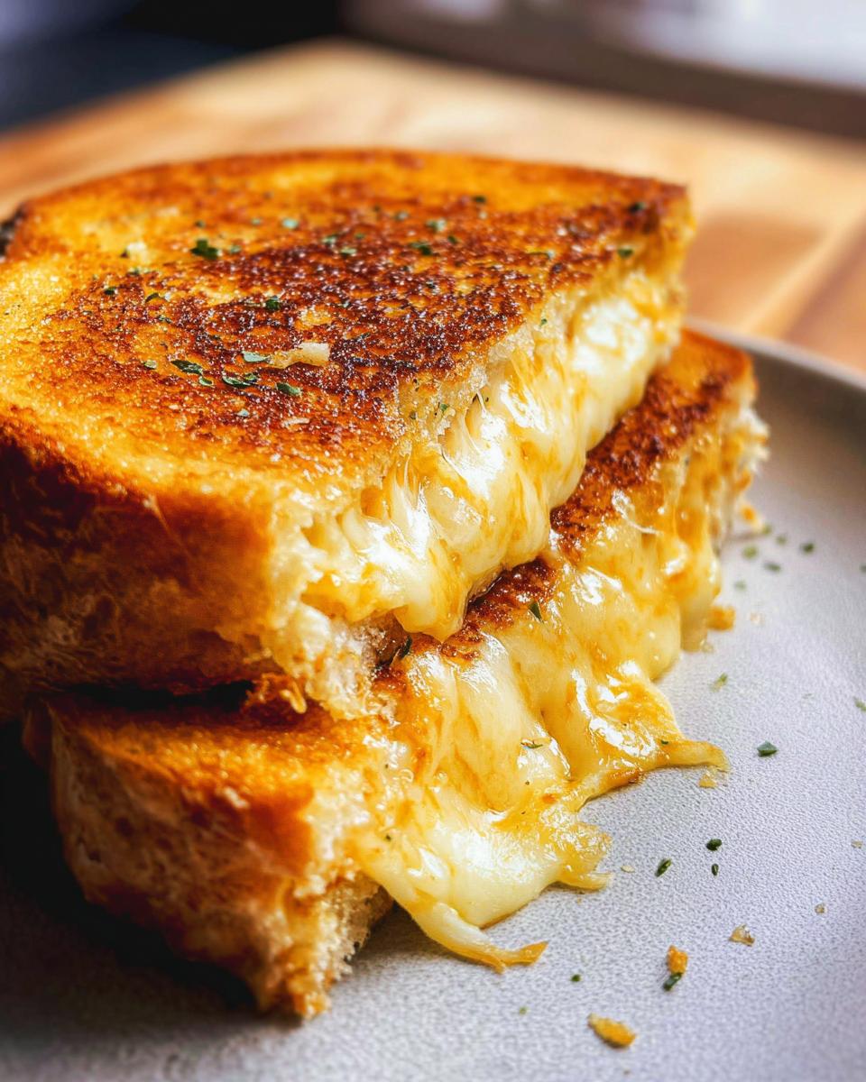 Close-up of a gooey Garlic Bread Grilled Cheese sandwich, with melted cheese oozing out.