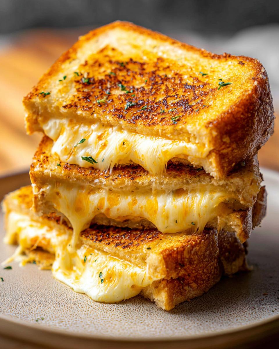 A tall stack of golden-brown garlic bread grilled cheese sandwiches with gooey melted cheese oozing out.