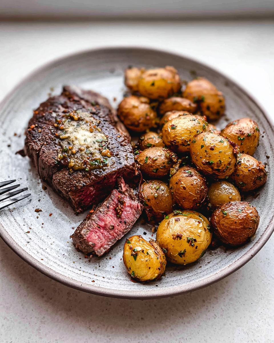 A juicy Garlic Butter Steak and Potatoes Skillet, perfectly cooked with a side of roasted baby potatoes.
