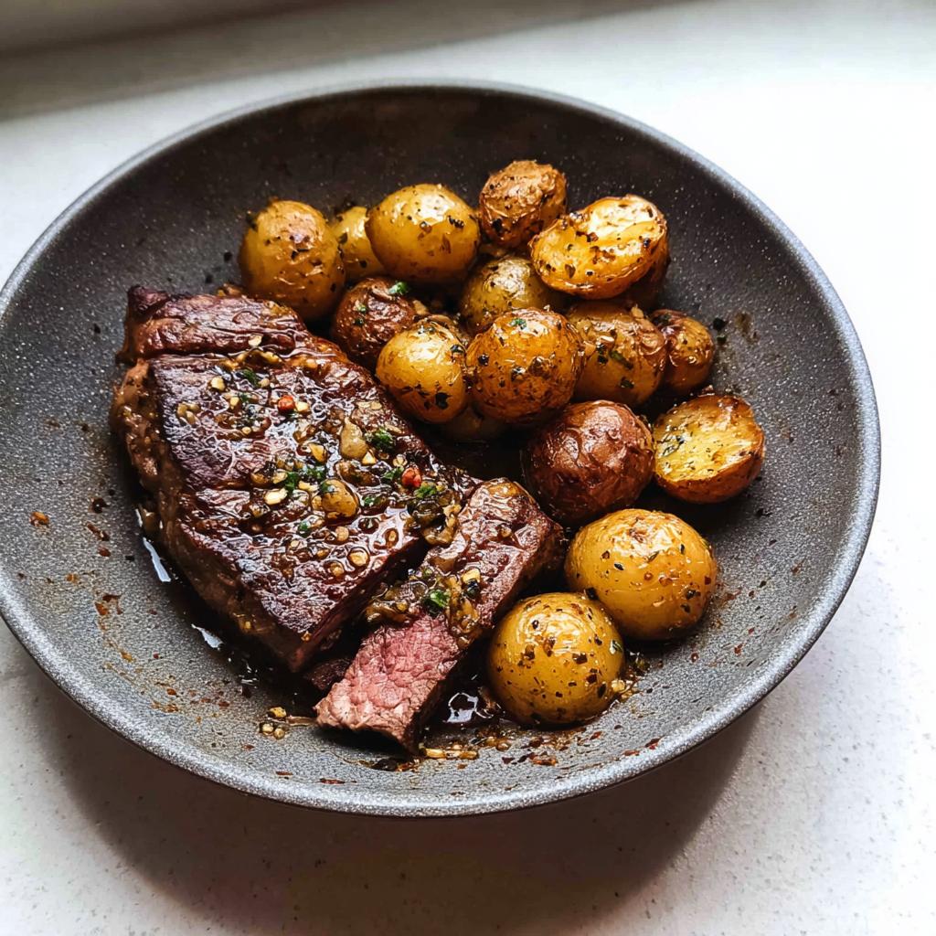 Close-up of a Garlic Butter Steak and Potatoes Skillet, showing a juicy steak with garlic butter sauce and roasted potatoes.