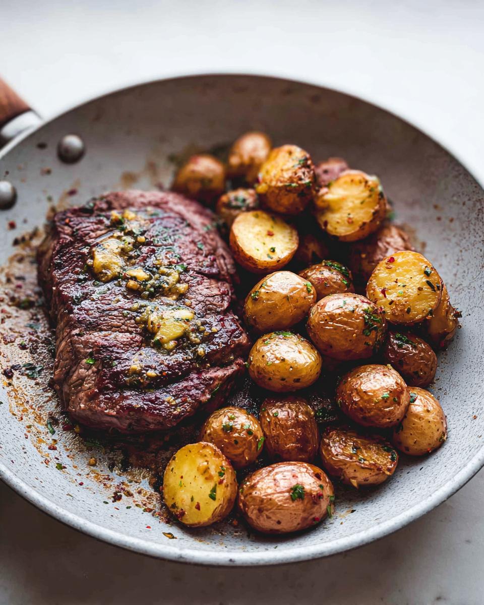 A juicy steak topped with garlic butter and herbs, served with roasted baby potatoes in a skillet. Garlic Butter Steak and Potatoes Skillet.