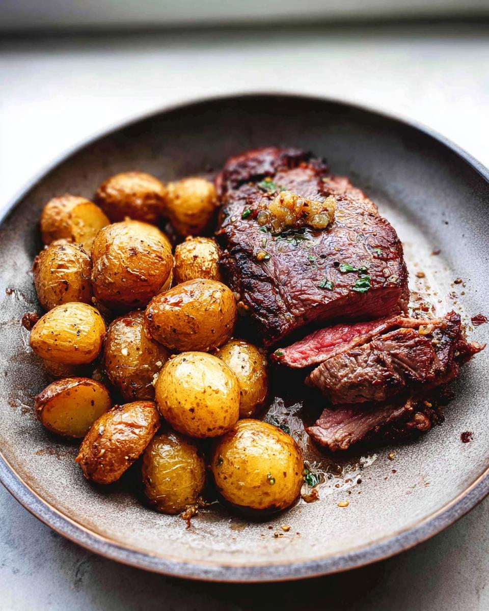 A close-up of a Garlic Butter Steak and Potatoes Skillet, featuring a juicy steak and golden roasted potatoes.