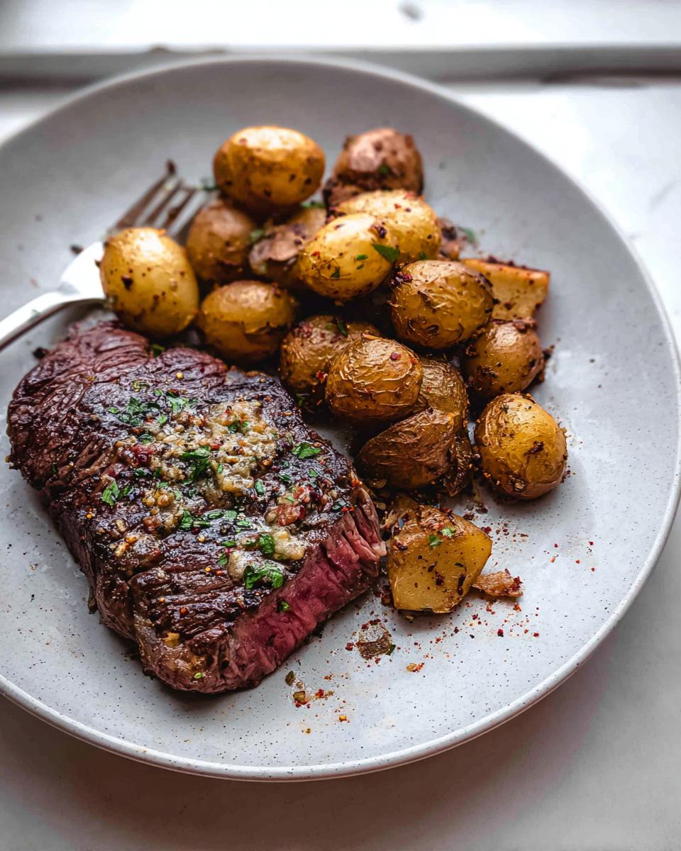 A perfectly cooked Garlic Butter Steak and Potatoes Skillet on a plate, with a fork.