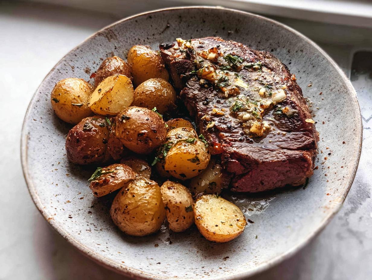 A juicy steak topped with garlic butter and herbs, served with roasted potatoes in a skillet.
