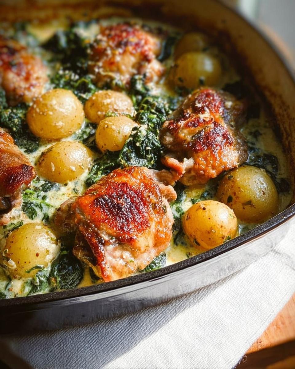 Close-up of Garlic Parmesan Chicken Thighs and Potatoes baked in a creamy sauce with spinach.