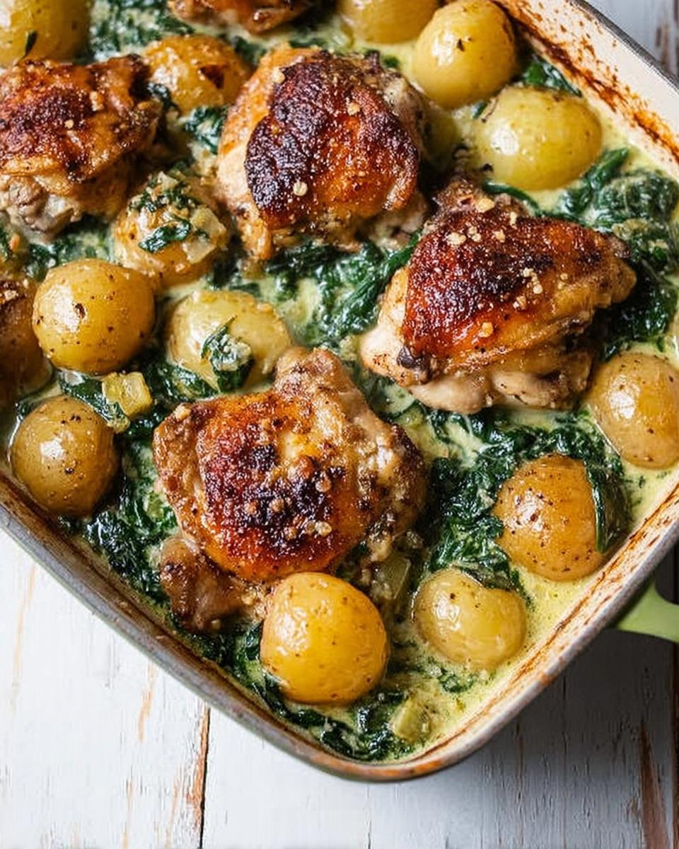 A close-up of Garlic Parmesan Chicken Thighs and Potatoes baked in a creamy spinach sauce in a baking dish.