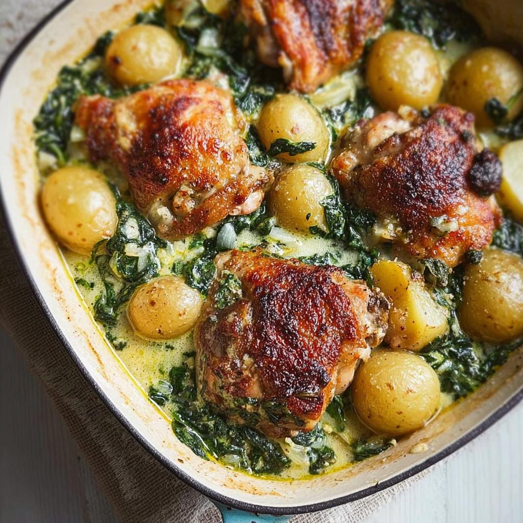 Golden brown Garlic Parmesan Chicken Thighs and Potatoes nestled in a creamy spinach sauce in a white baking dish.