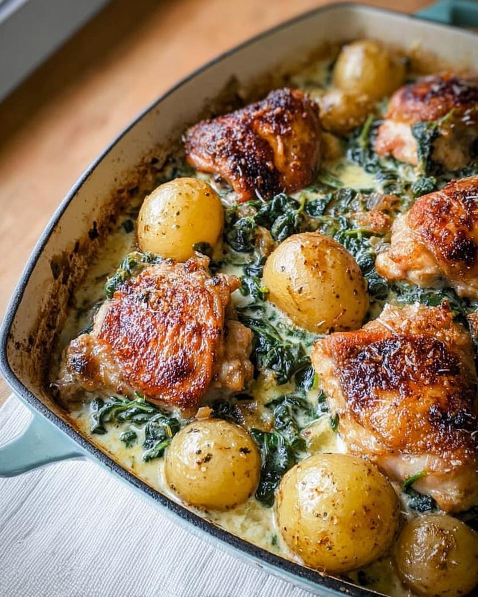 Golden brown Garlic Parmesan Chicken Thighs and Potatoes baked in a creamy sauce with spinach.
