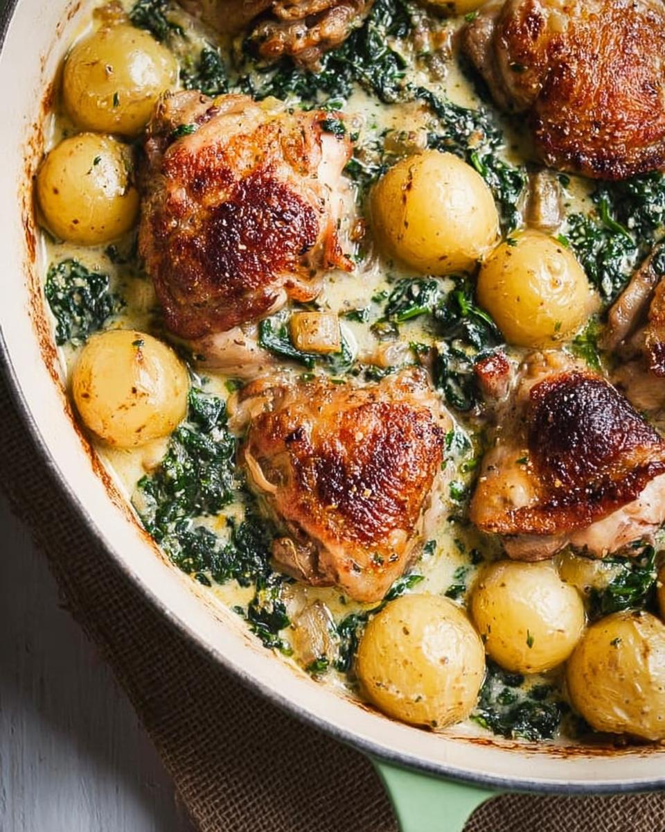 Close-up of Garlic Parmesan Chicken Thighs and Potatoes in a creamy sauce with spinach.