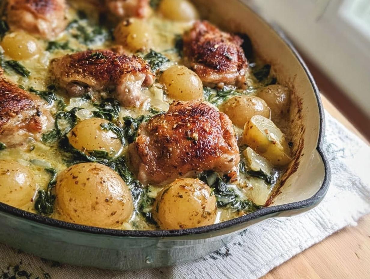 Close-up of Garlic Parmesan Chicken Thighs and Potatoes baked in a creamy sauce with spinach.