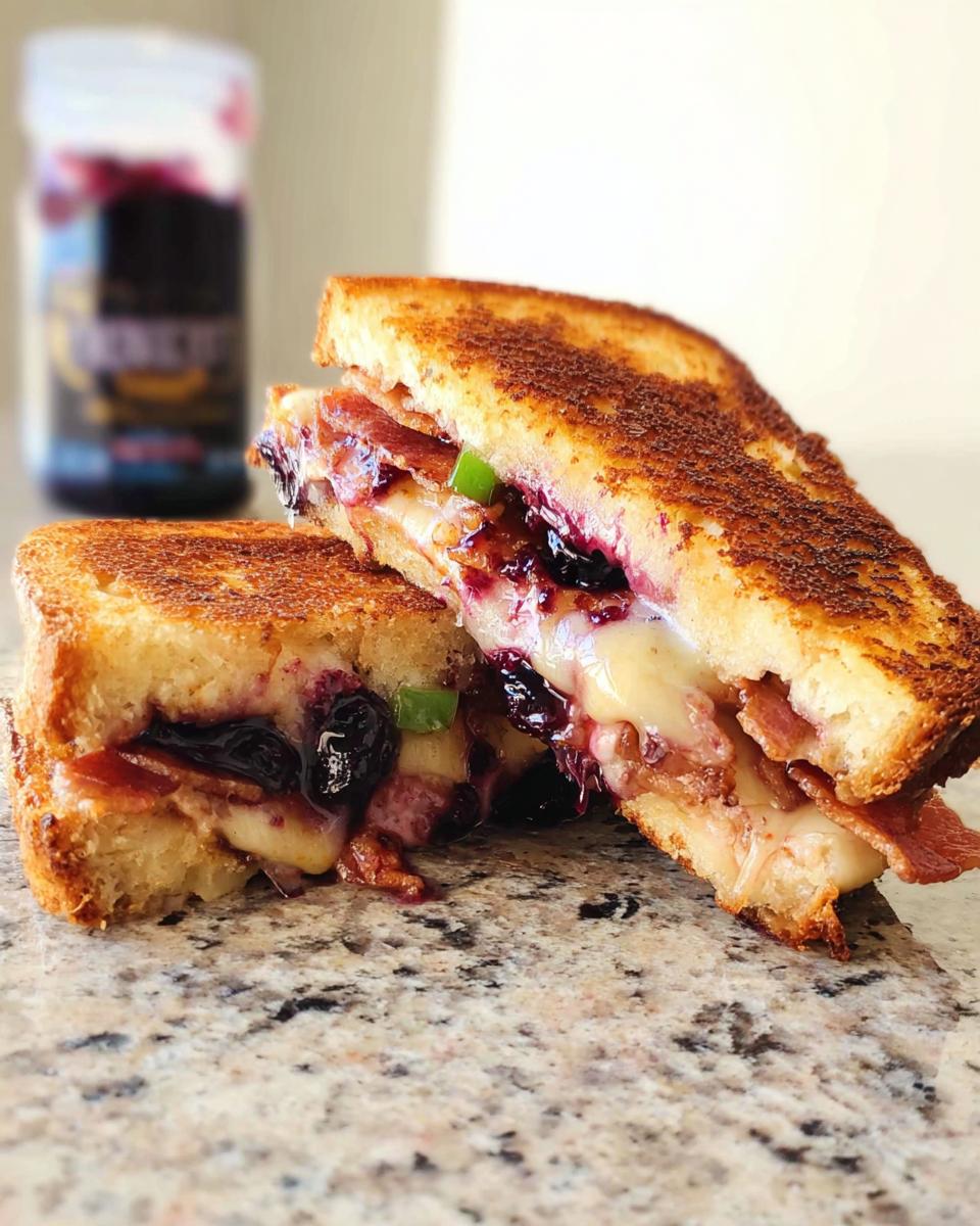 Close-up of a Gourmet Blueberry Grilled Cheese sandwich cut in half, showing melted cheese, blueberries, and bacon.