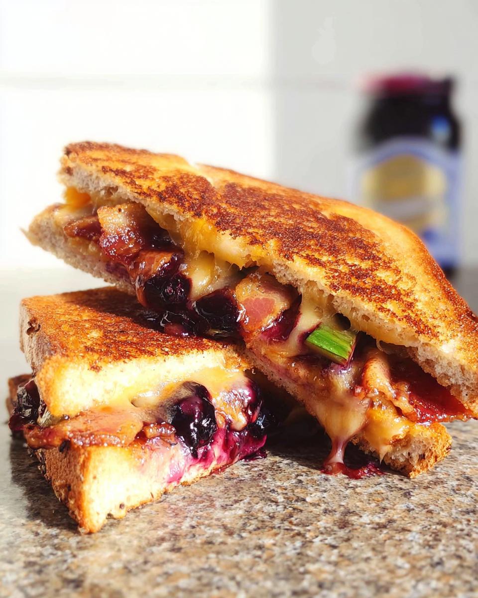 A gourmet blueberry grilled cheese sandwich, cut in half, revealing melted cheese, blueberries, and bacon.