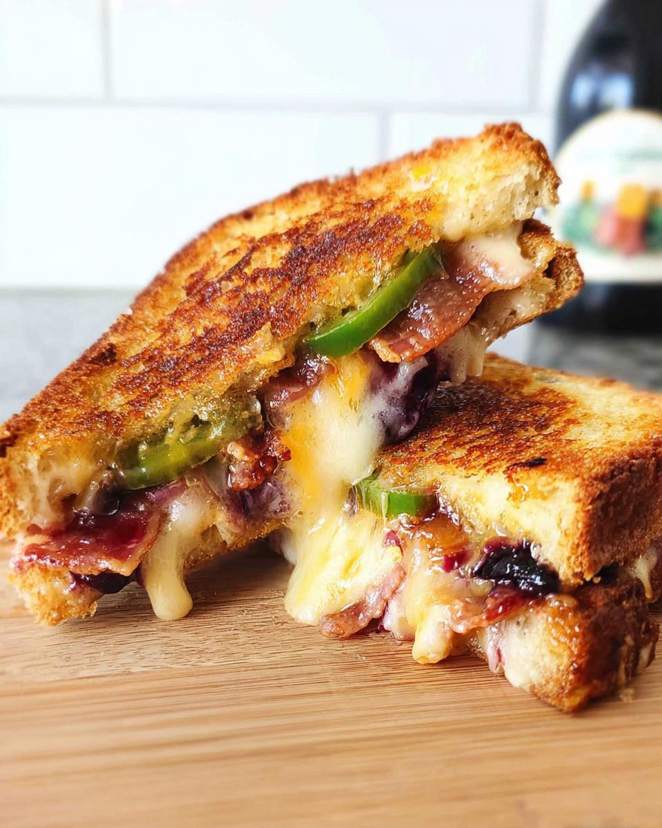 A gourmet blueberry grilled cheese sandwich, cut in half, with melted cheese oozing out, featuring bacon and jalapenos.