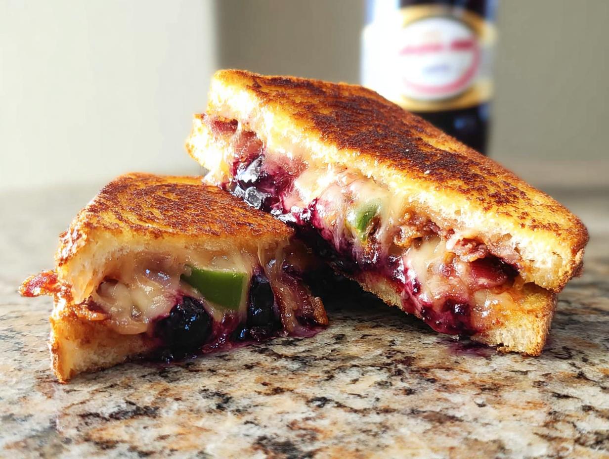 A gourmet blueberry grilled cheese sandwich, cut in half, revealing melted cheese, blueberries, and bacon.