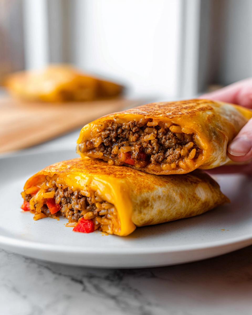 Close-up of a Grilled Cheese Burrito Made Easy, cut in half, revealing a cheesy, beef, and rice filling with red peppers.