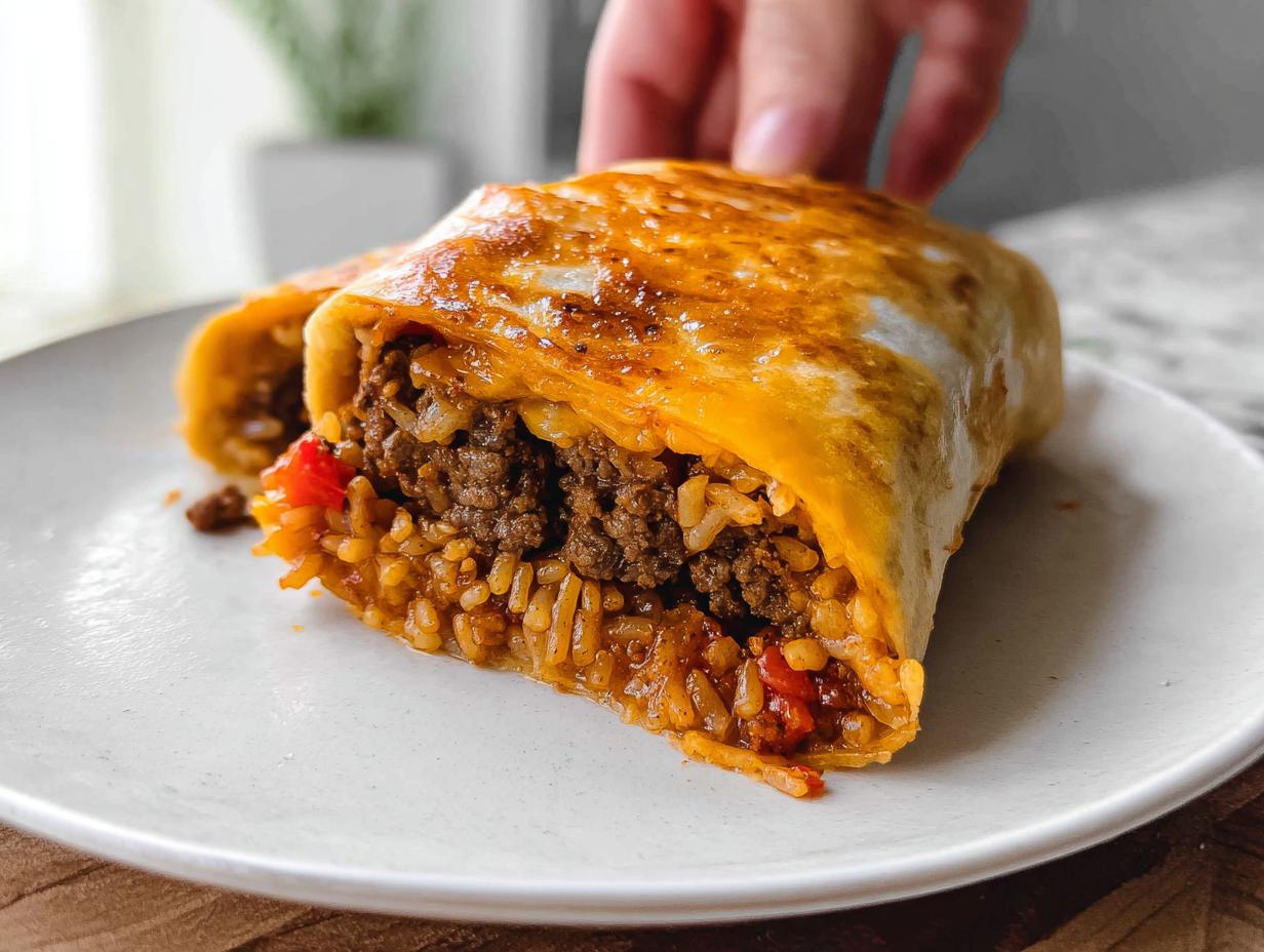 A close-up of a Grilled Cheese Burrito Made Easy, showing the savory ground beef and rice filling encased in a golden-brown, crispy tortilla.