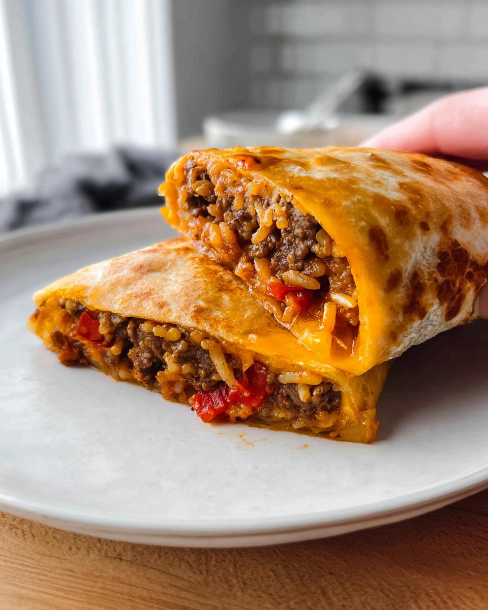 A close-up of a Grilled Cheese Burrito Made Easy, cut in half, showing the cheesy, beefy, and rice filling.