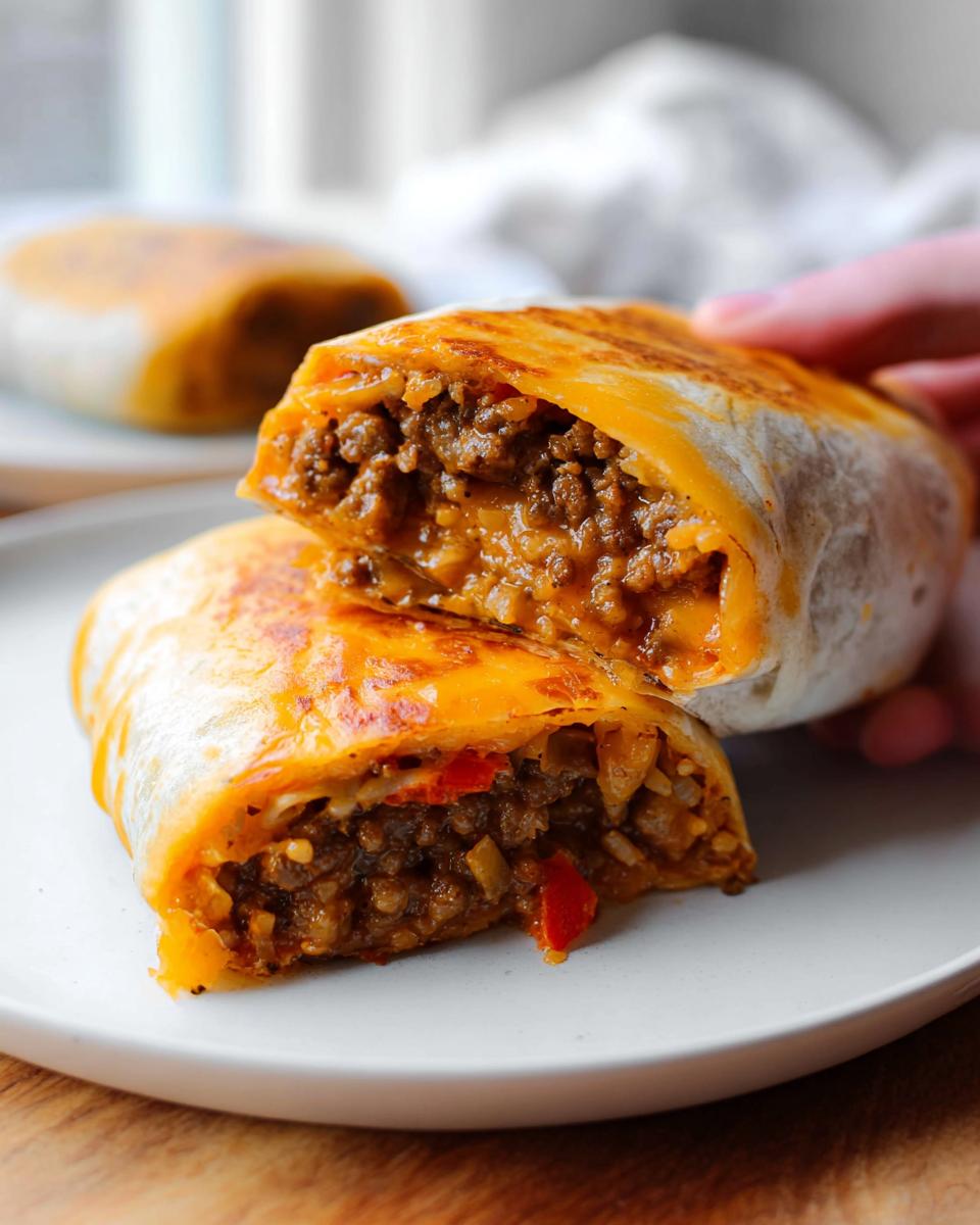 A close-up of a Grilled Cheese Burrito Made Easy, cut in half, revealing seasoned ground beef and melted cheese.