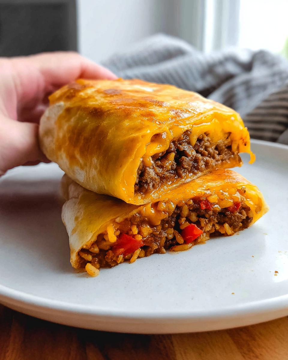 A close-up of a Grilled Cheese Burrito Made Easy, cut in half, revealing a cheesy beef and rice filling with red peppers.