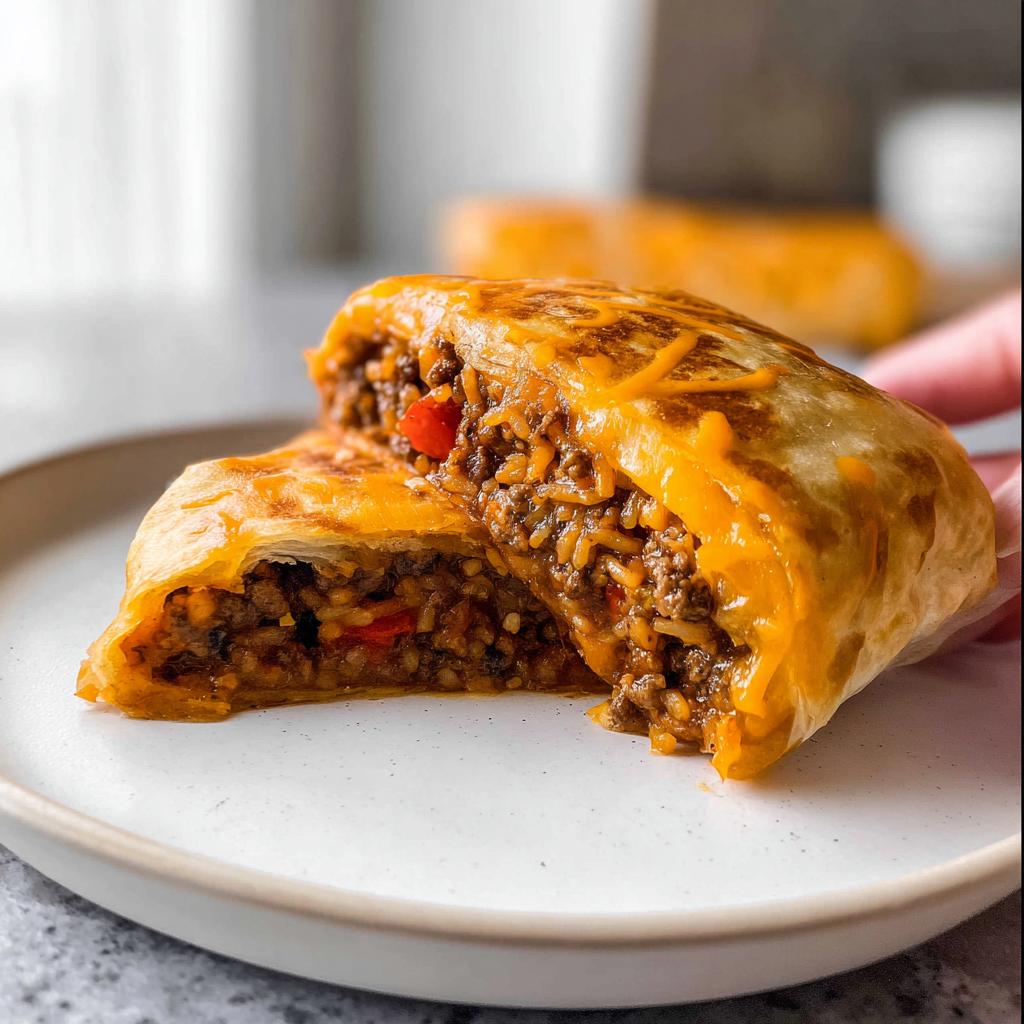 A cross-section of a Grilled Cheese Burrito Made Easy, revealing a hearty filling of seasoned ground beef, rice, and red peppers, topped with melted cheese.