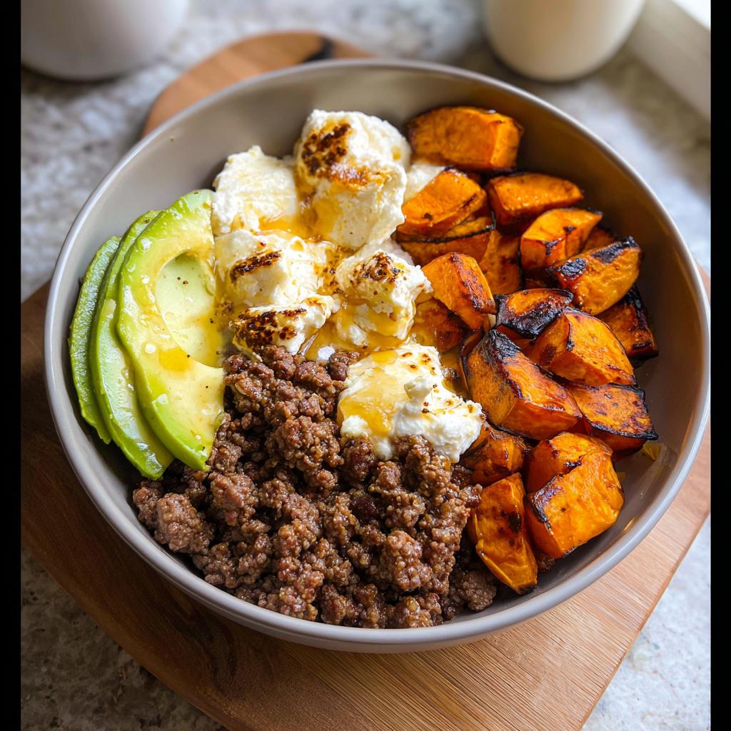 A delicious Ground Beef Hot Honey Bowl featuring seasoned ground beef, creamy cheese, sliced avocado, and roasted sweet potato cubes drizzled with honey.