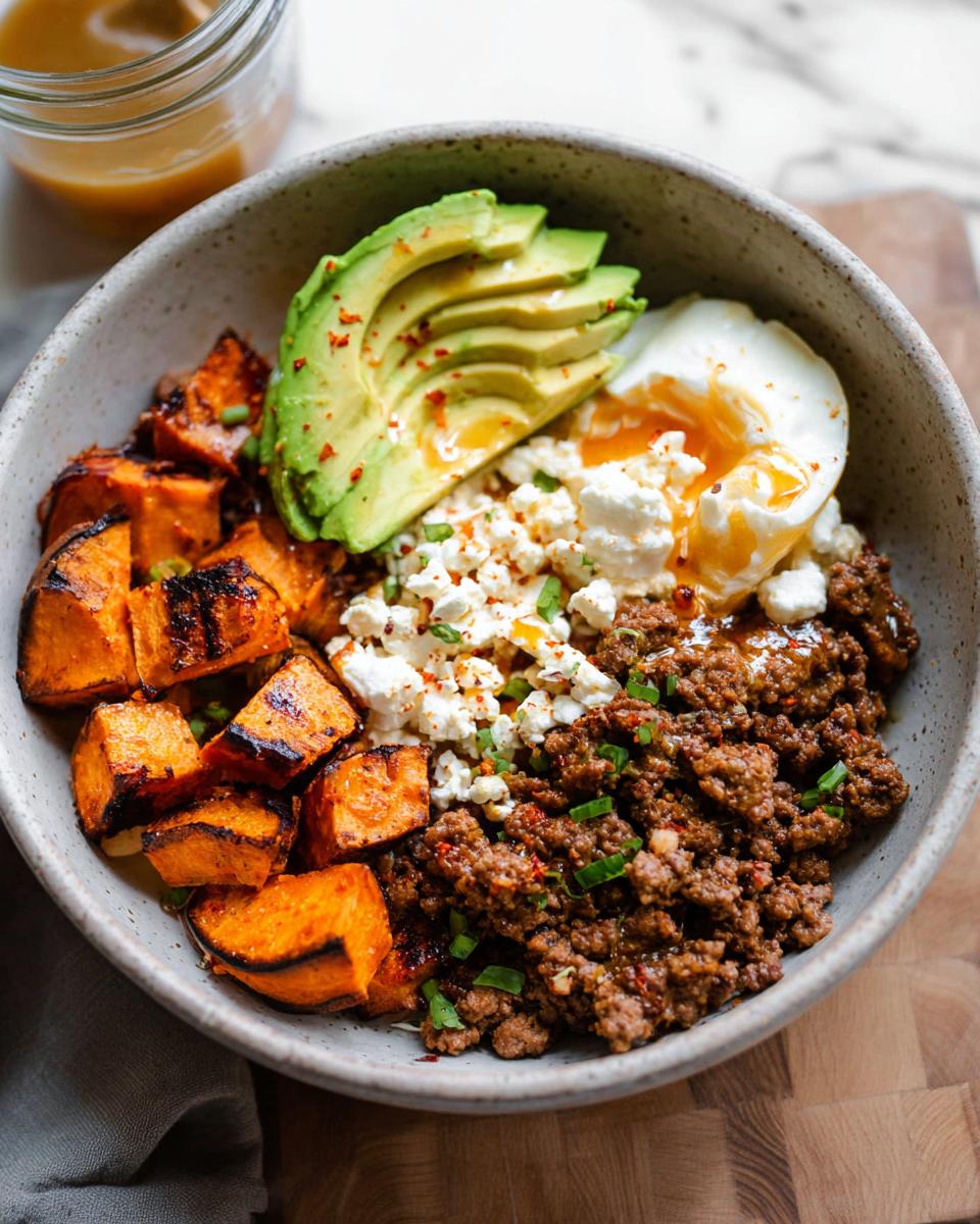 A delicious Ground Beef Hot Honey Bowl featuring seasoned ground beef, roasted sweet potatoes, sliced avocado, crumbled feta, and a poached egg.