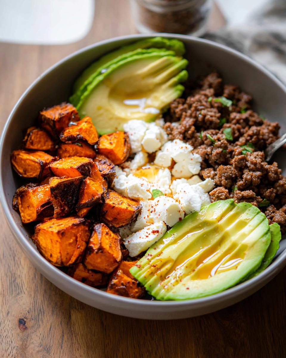 A delicious Ground Beef Hot Honey Bowl featuring seasoned ground beef, roasted sweet potatoes, sliced avocado, and crumbled cheese.