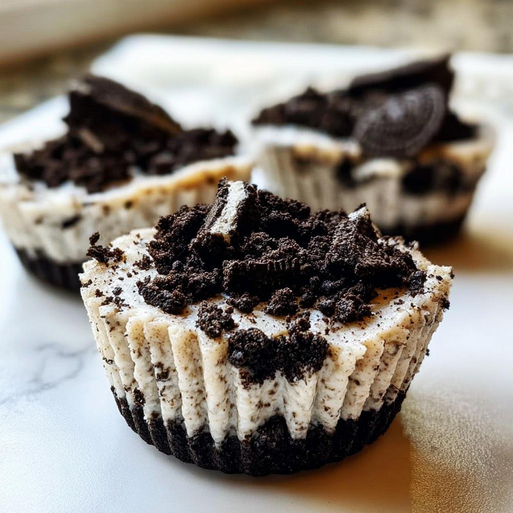 Close-up of delicious Healthy No-Bake Oreo Cheesecake Bites topped with crushed Oreos and cookie pieces.