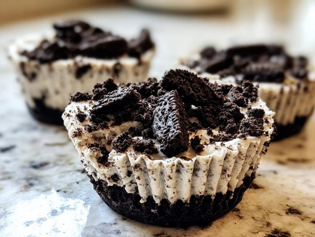 Close-up of delicious Healthy No-Bake Oreo Cheesecake Bites topped with crushed Oreos and cookie pieces.
