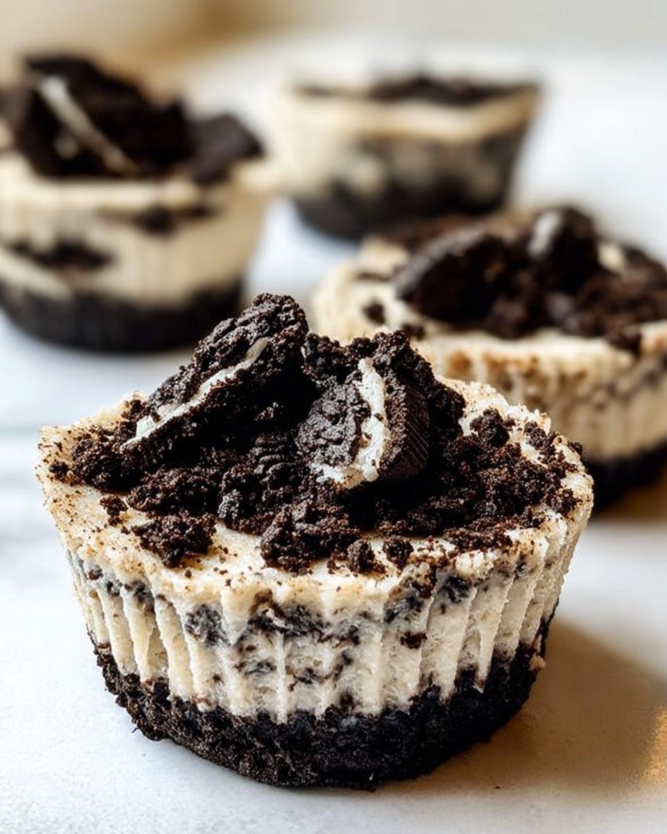 Close-up of a Healthy No-Bake Oreo Cheesecake Bite, showing the creamy filling and crushed Oreo topping.