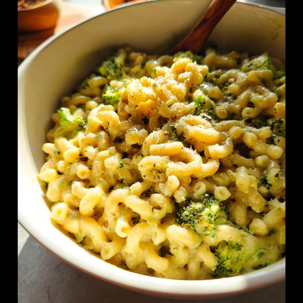 A close-up of a bowl filled with Healthy One Pot Broccoli Mac & Cheese, showing creamy pasta and vibrant broccoli florets.