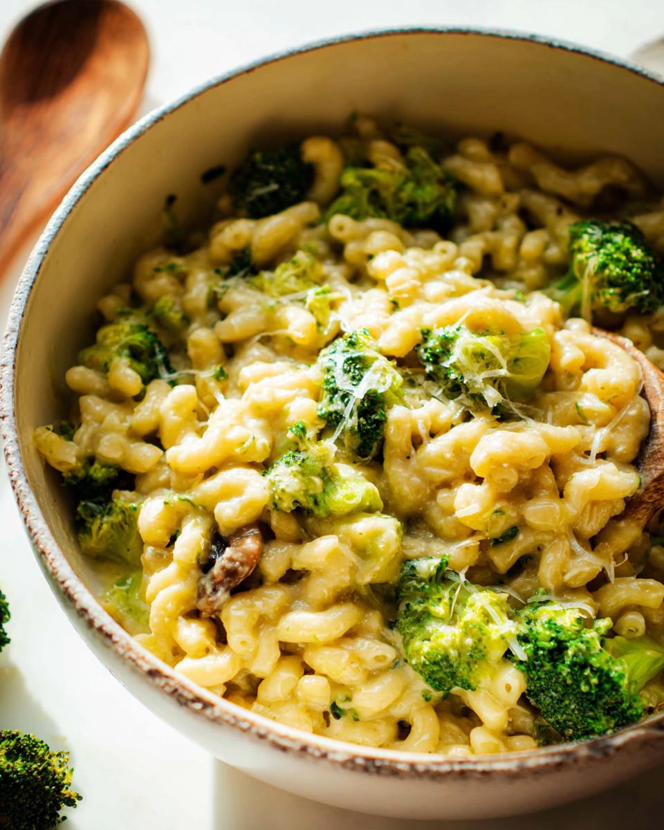 Close-up of Healthy One Pot Broccoli Mac & Cheese in a bowl, with visible broccoli florets and creamy cheese sauce.