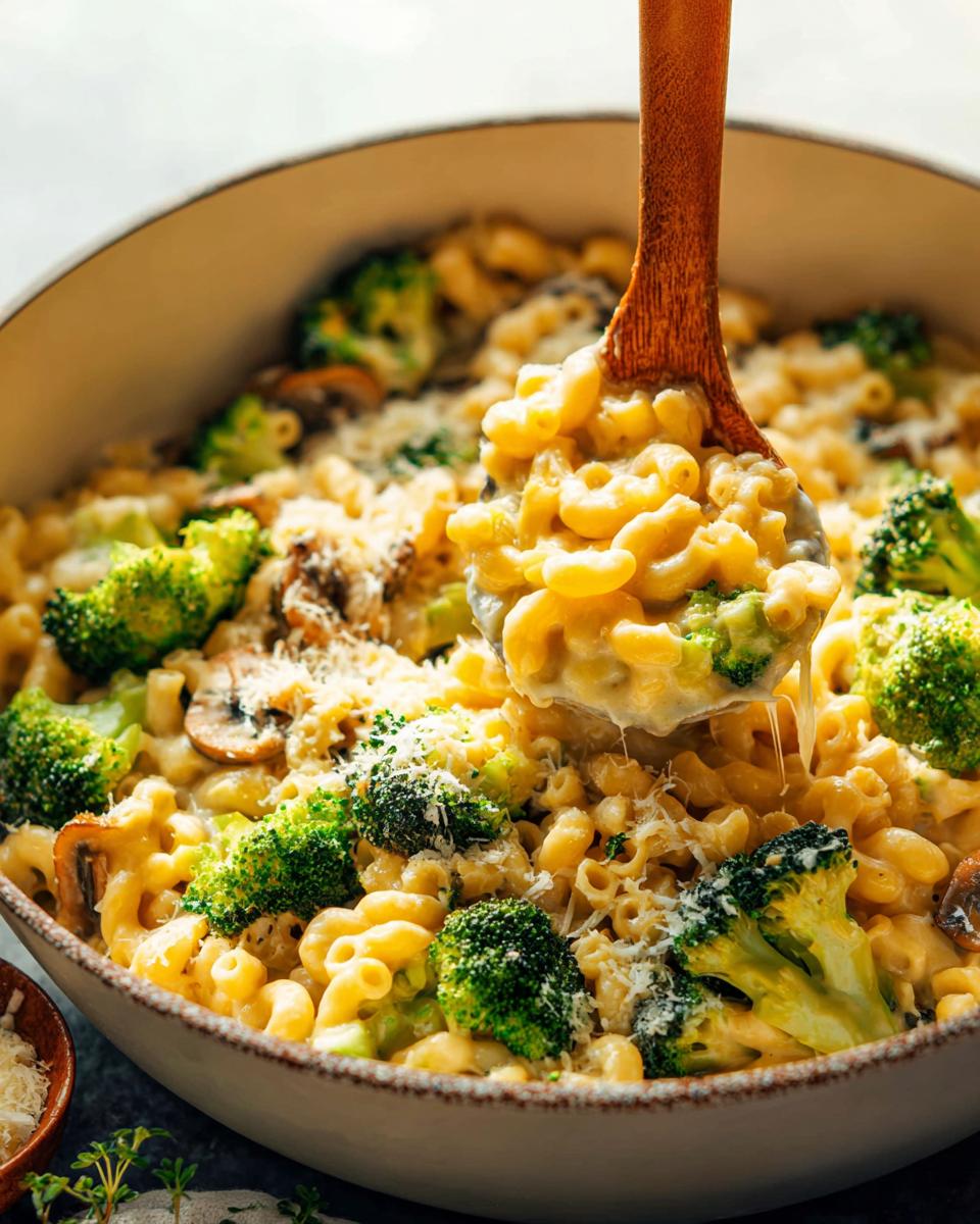 A spoonful of Healthy One Pot Broccoli Mac & Cheese with creamy cheese sauce, broccoli florets, and pasta.