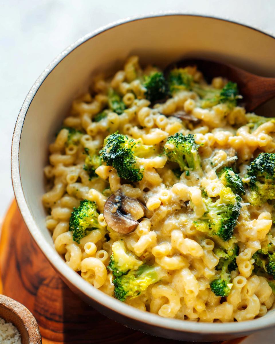 Close-up of Healthy One Pot Broccoli Mac & Cheese in a bowl, with pasta, broccoli florets, and mushrooms.