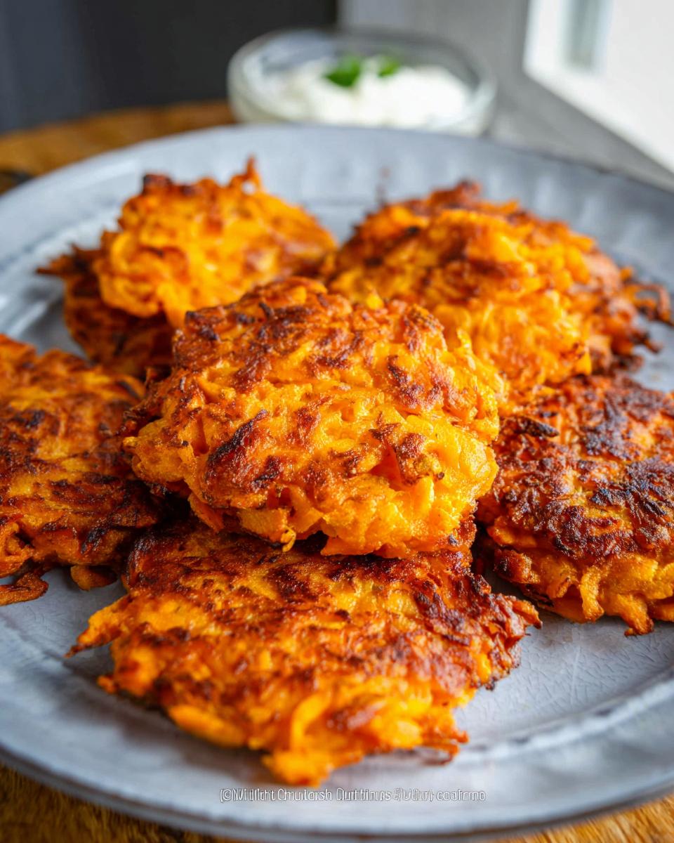A close-up of golden-brown, crispy Healthy Sweet Potato Hash Browns piled on a gray plate, with a small bowl of dip in the background.