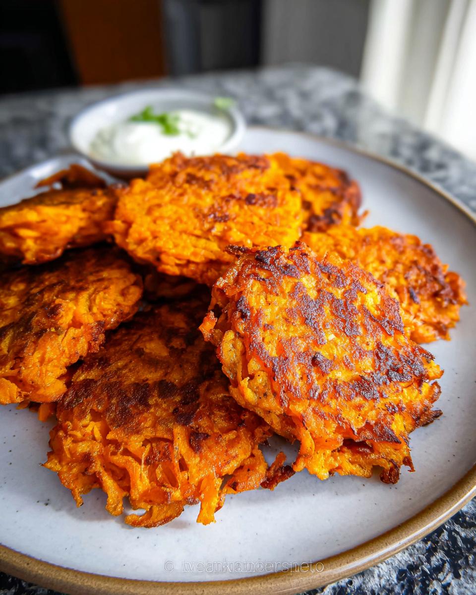A plate of golden brown, crispy Healthy Sweet Potato Hash Browns served with a side of dipping sauce.