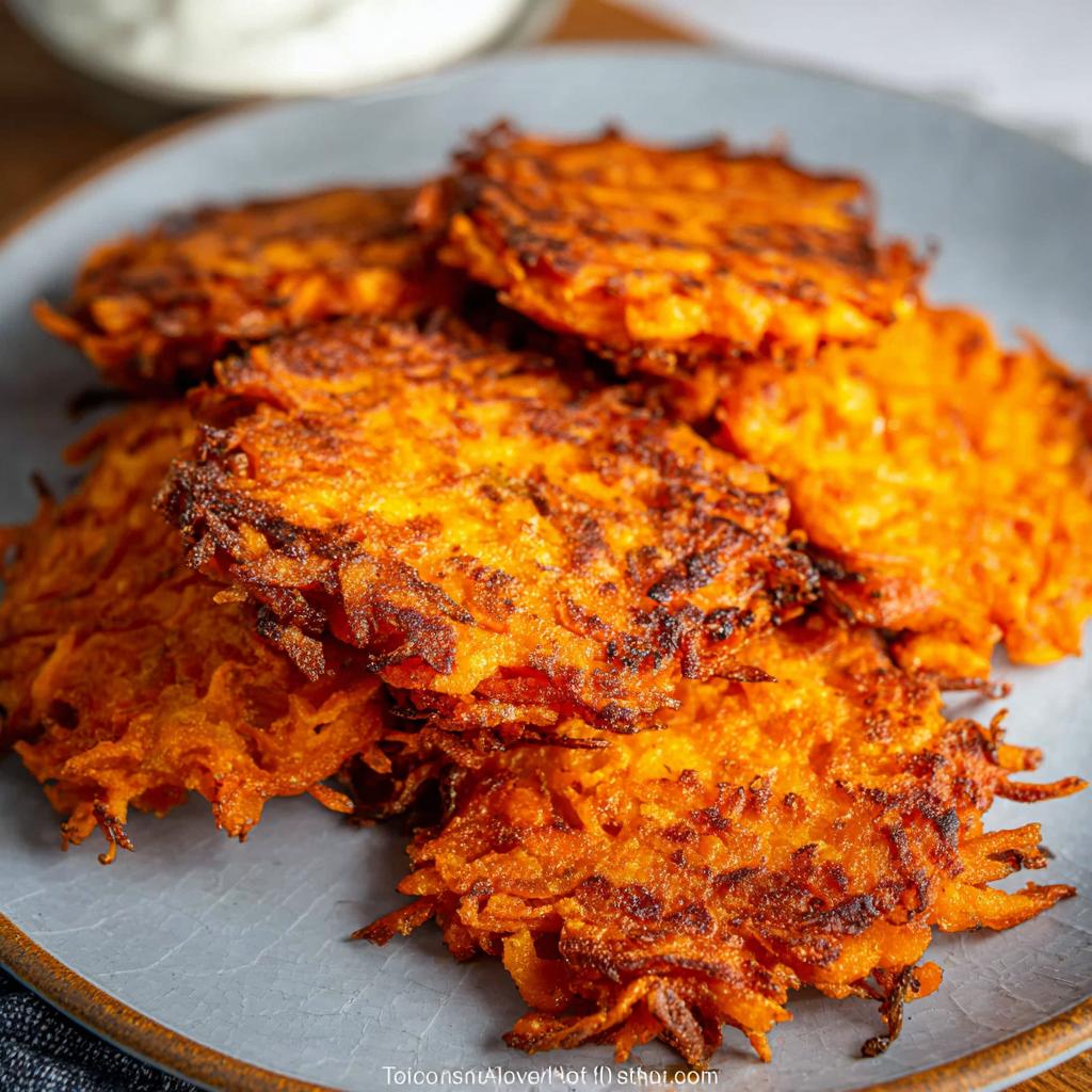 A close-up of golden-brown, crispy Healthy Sweet Potato Hash Browns piled on a grey plate.