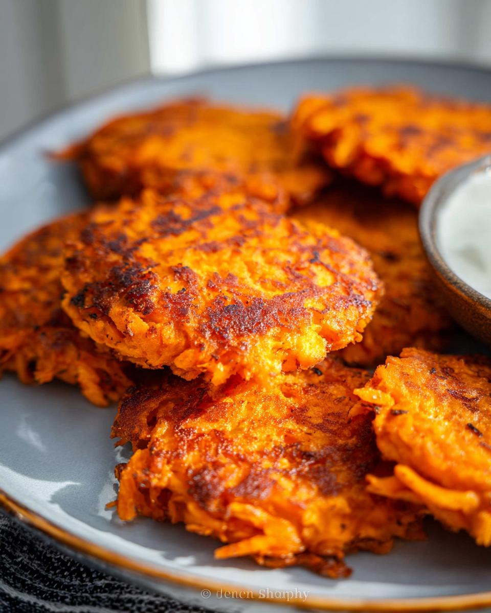 Close-up of crispy, golden Healthy Sweet Potato Hash Browns piled on a plate with a small bowl of dip.
