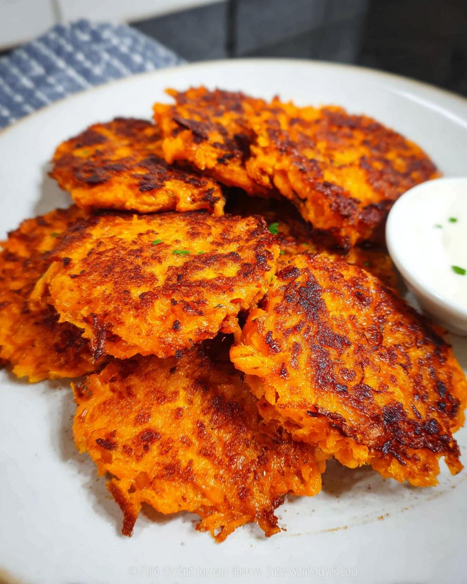 A plate of crispy, golden brown Healthy Sweet Potato Hash Browns served with a small dish of dipping sauce.